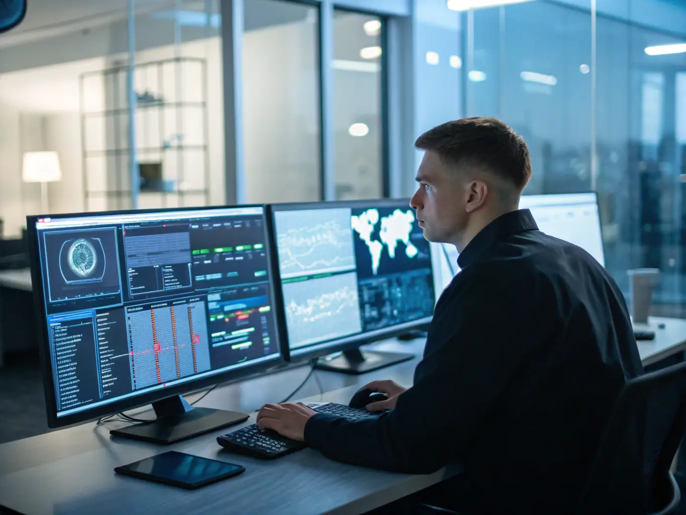 A security professional in a corporate setting, reviewing surveillance footage with a focused expression, highlighting the proactive approach of PRO-ACTIVE WATCH.