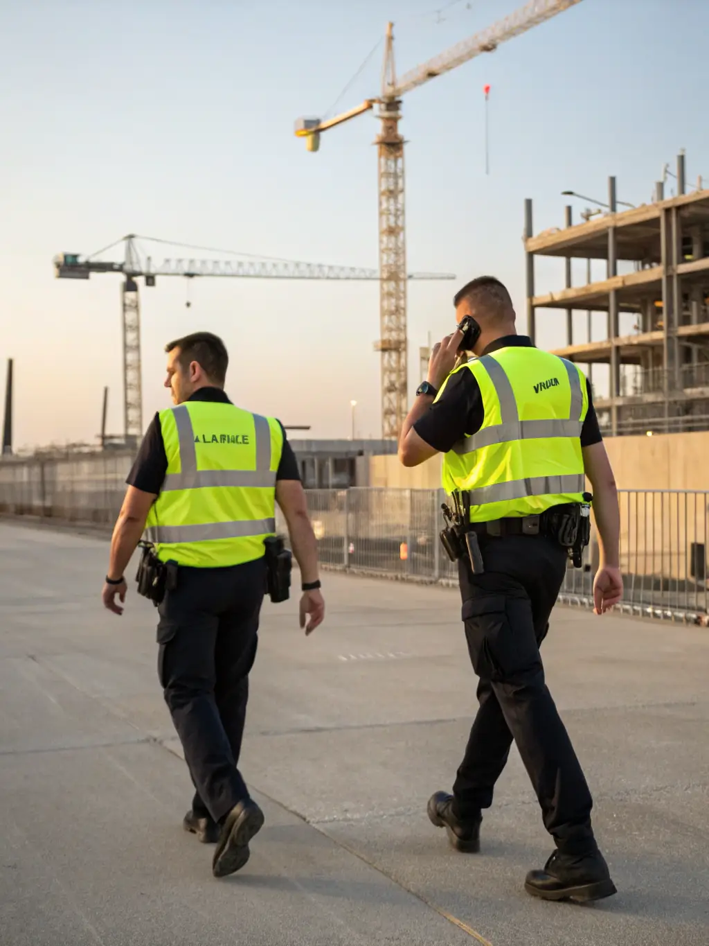 Security personnel patrolling a power plant with surveillance equipment and fencing in the background.