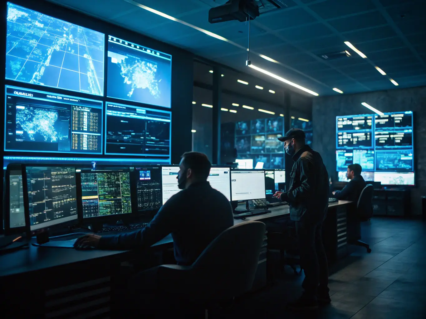 A high-tech security command center with multiple screens displaying real-time surveillance data, showcasing the advanced technology used by PRO-ACTIVE WATCH.