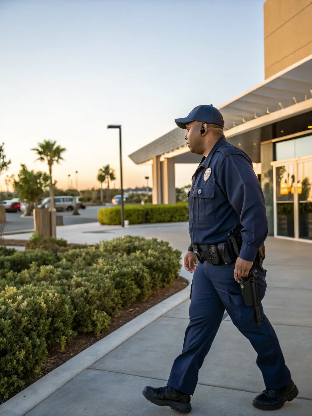 A security guard standing at the gate of a luxurious private estate with high-tech security cameras.