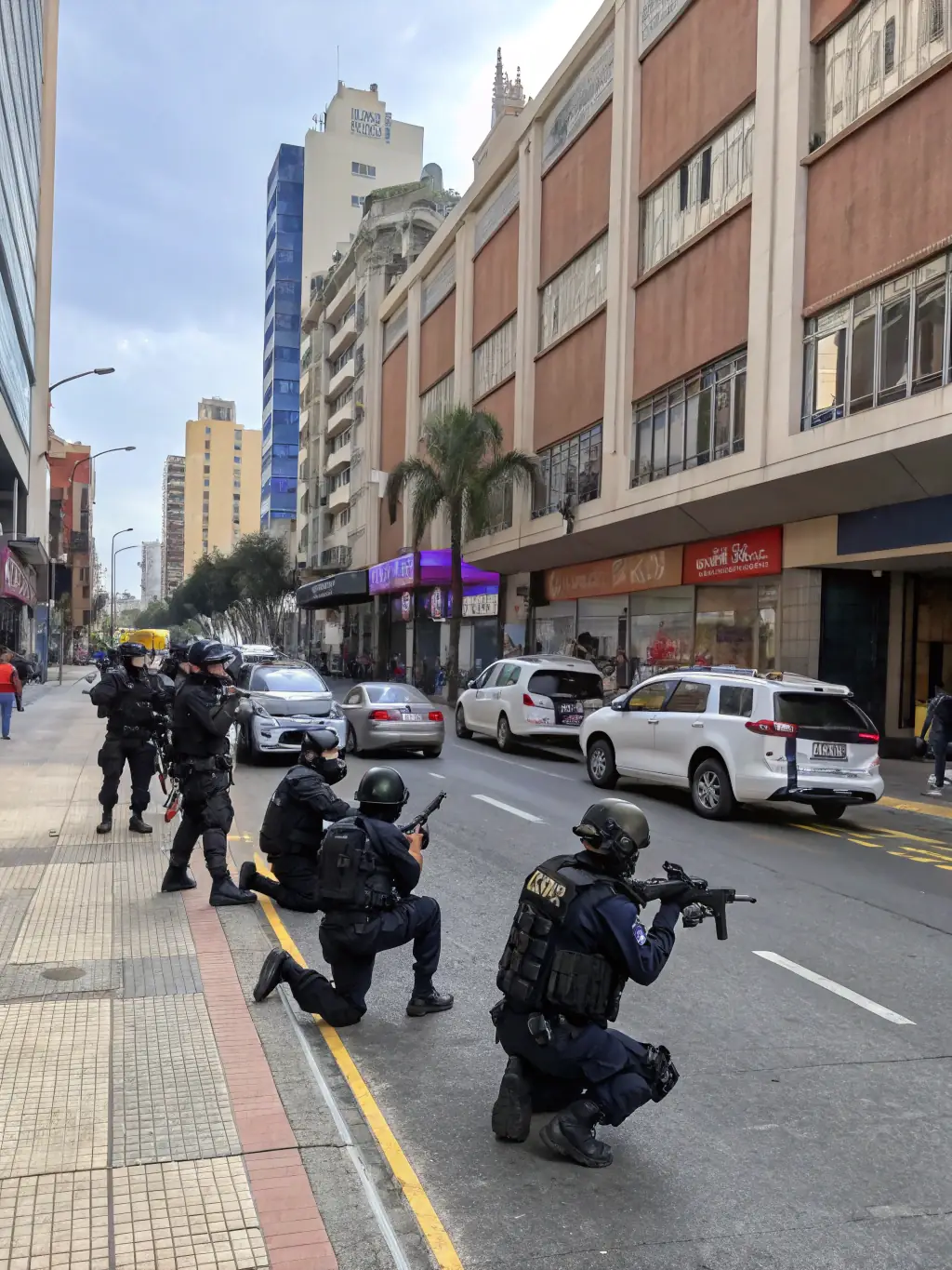 Security team in tactical gear conducting a high-risk operation in an urban environment.
