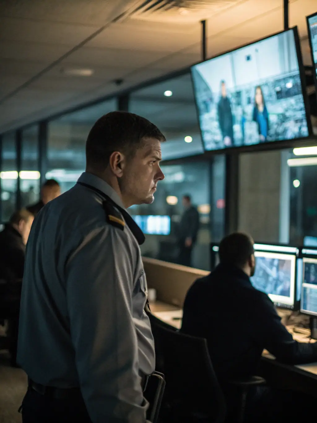 A security guard monitoring surveillance screens in a corporate office, with a backdrop of modern office buildings.