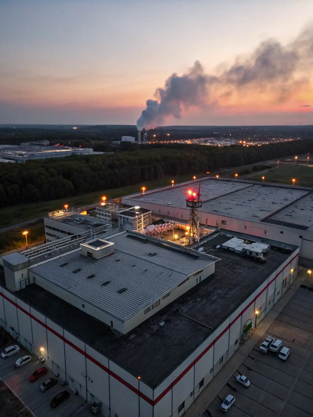 A drone patrolling the perimeter of a large industrial facility at dusk, highlighting advanced surveillance capabilities.