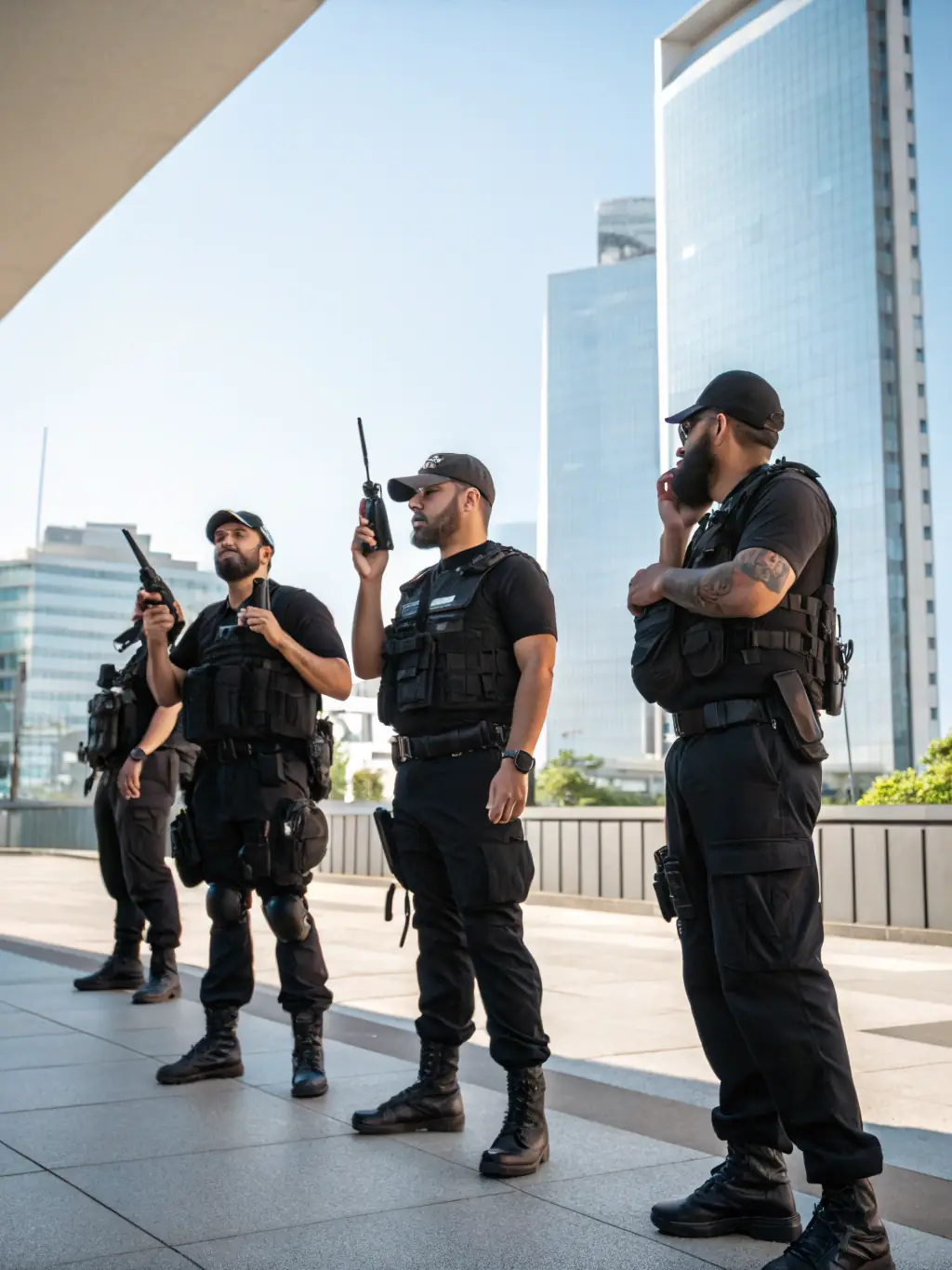 A team of security personnel in tactical gear providing protection in a challenging environment, showcasing readiness and expertise.