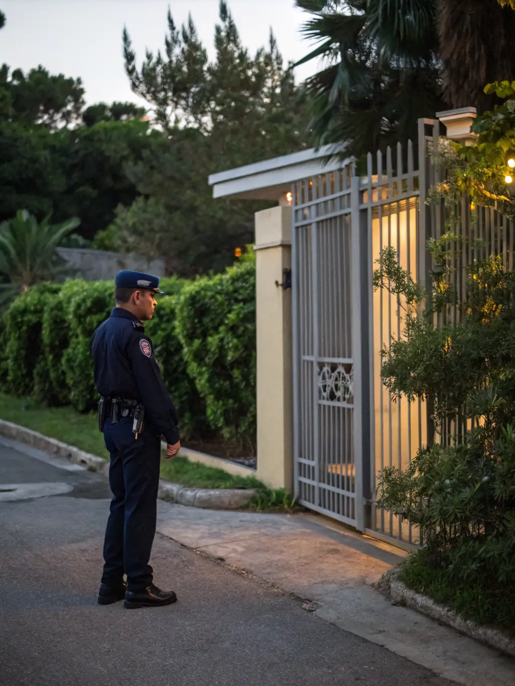 A discreet security team monitoring the entrance of a private estate, with high-end vehicles parked nearby.