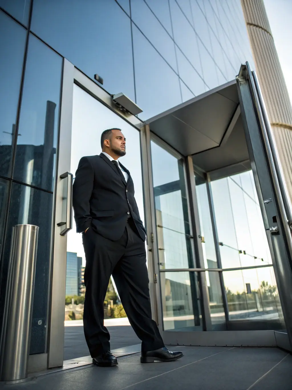 A security guard in a suit standing in a modern office lobby, looking alert and professional, with subtle security cameras visible in the background.